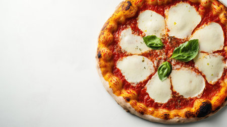 Top view of a classic Italian margherita pizza, with ample copy space on a clean white background.の素材