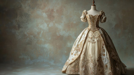 Royal European princess dress, on a mannequin, front view, no people, with copy space on a neutral background.の素材