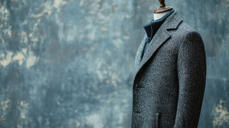 Stylish European winter coat, on a mannequin, side view, no people, with copy space on a clean background.の素材