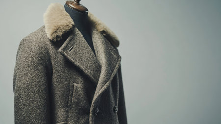 Stylish European winter coat, on a mannequin, side view, no people, with copy space on a clean background.の素材
