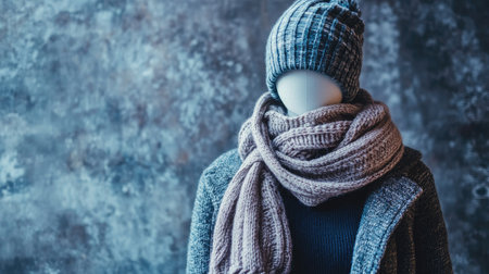 Trendy European winter set, on a mannequin, front view, no people, with copy space on a clean background.の素材