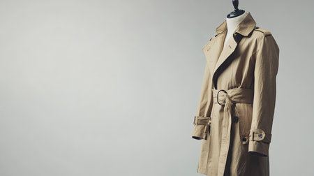 Modern European trench coat, on a mannequin, side view, no people, with copy space on a clean backdrop.の素材