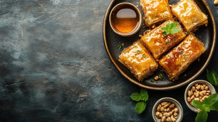 Top view of Greek baklava with honey, arranged with room for copy on a plain backdrop.の素材