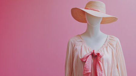 Modern European summer outfit, displayed on a mannequin, with room for text on a simple backdrop.の素材