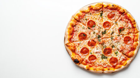 Top view of a classic Italian margherita pizza, with ample copy space on a clean white background.の素材