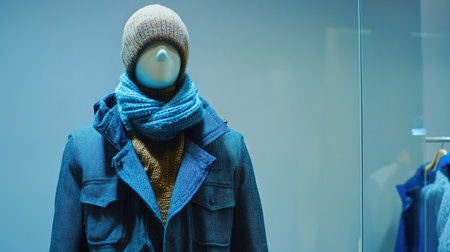 Modern European winter outfit, displayed on a mannequin, with room for text on a simple background.の素材