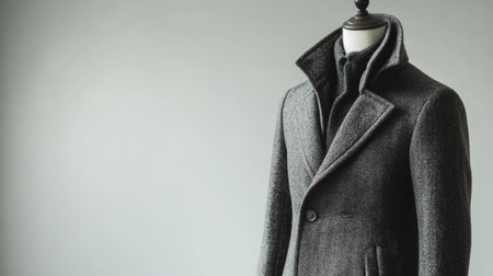 Stylish European winter coat on a mannequin, no people, with ample copy space on a clean, white background.の素材