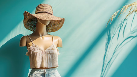 Trendy European summer set, on a mannequin, front view, no people, with copy space on a clean background.の素材