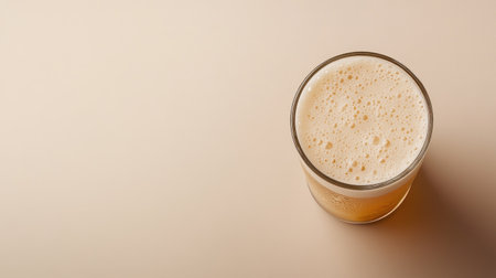 Top view of a Czech pint of Pilsner beer with foam, arranged with room for copy on a plain backdrop.の素材