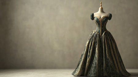 Royal European princess dress, on a mannequin, front view, no people, with copy space on a neutral background.の素材