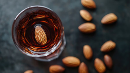 Top view of a Swedish glass with almonds, arranged with plenty of room for text.の素材