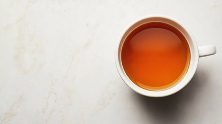Top view of a British cup of black tea with milk, with ample copy space on a clean background.の素材