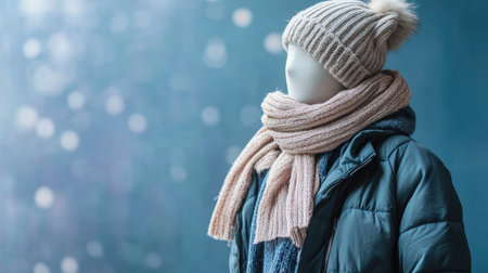 Trendy European winter set, on a mannequin, front view, no people, with copy space on a clean background.の素材