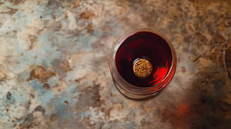 Top view of a French glass of red wine with a cork, arranged with plenty of room for text.の素材