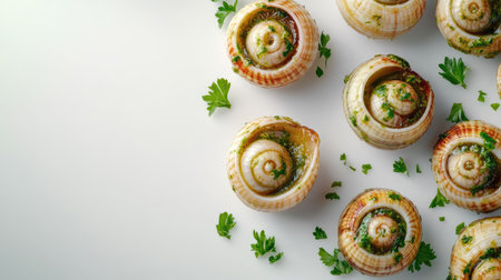 Top view of French escargot with garlic butter, arranged with room for text on a clean background.の素材