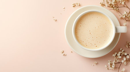 Top view of a French au lait in a white cup, arranged with plenty of room for text on a neutral backdrop.の素材
