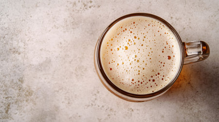 Top view of a German stein of beer with foam arranged with roomの素材