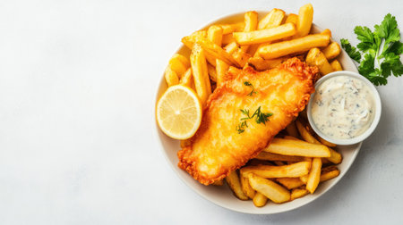 Top view of British fish and chips, served with tartar sauce, with ample copy space on a clean background.の素材