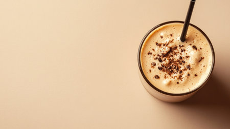 Top view of a Greek frappa coffee with a straw, arranged with room for text on a clean background.の素材