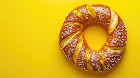 Top view of a German pretzel with mustard, arranged with room for copy on a clean backdrop.の素材
