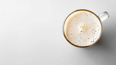Top view of a Czech pint of Pilsner beer with foam, arranged with room for copy on a plain backdrop.の素材