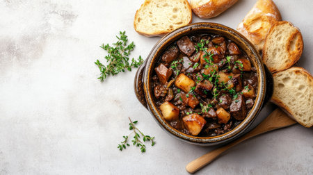 Top view of Belgian carbonade flamande with bread, with ample copy space on a neutral background.の素材