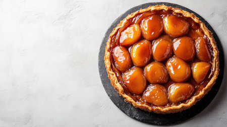 Top view of French tarte tatin with caramel, with ample copy space on a plain backdrop.の素材