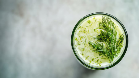 Top view of a Danish glass of akvavit with dill, with ample copy space on a plain backdrop.の素材