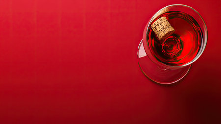 Top view of a French glass of red wine with a cork, arranged with plenty of room for text.の素材