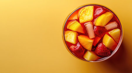 Top view of a Spanish glass of sangria with fruit slices, with ample copy space on a neutral background.の素材
