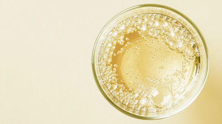 Top view of an Italian glass of prosecco with bubbles, arranged with plenty of room for text.の素材