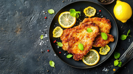 Top view of Austrian schnitzel with lemon slices, arranged with plenty of room for text.の素材