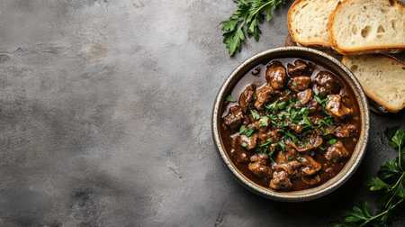 Top view of Belgian carbonade flamande with bread, with ample copy space on a neutral background.の素材