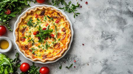 Top view of French quiche Lorraine with salad, with ample copy space on a neutral background.の素材