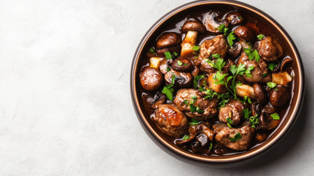 Top view of French coq au vin with mushrooms, with ample copy space on a plain backdrop.の素材