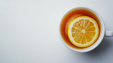 Top view of a Swiss cup of hot tea with lemon, with ample copy space on a clean background.の素材
