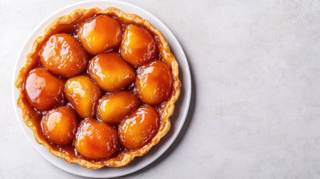 Top view of French tarte tatin with caramel, with ample copy space on a plain backdrop.の素材