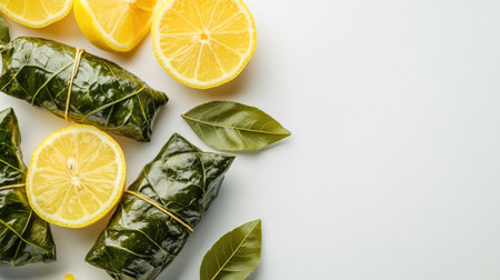 Top view of Greek dolmades with lemon wedges, arranged with room for text on a clean background.の素材