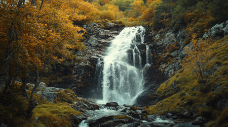 A beautiful waterfall cascading down a cliff in the French Pyrenees, with plenty of room for copyの素材