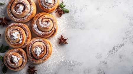 Top view of Swedish cinnamon buns with sugar, arranged with room for text on a clean backdrop.の素材