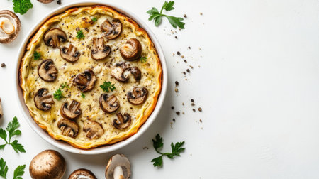 Top view of Polish with mushrooms and cheese with ample copy space on a clean white background.の素材