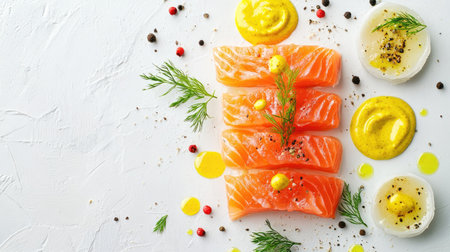 Top view of Swedish gravlax with mustard sauce, with ample copy space on a plain background.の素材