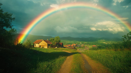 A bright rainbow over a peaceful village, with open space for text in the sky aboveの素材