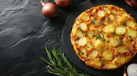 Top view of Spanish tortilla with potatoes and onions, arranged with plenty of room for text.の素材