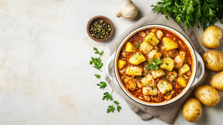 Top view of Portuguese bacalhau with potatoes, with ample copy space on a neutral background.の素材