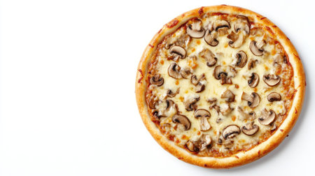 Top view of Polish with mushrooms and cheese with ample copy space on a clean white background.の素材