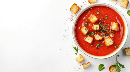 Top view of Spanish gazpacho with croutons, with ample copy space on a clean white background.の素材