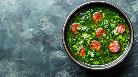 Top view of Portuguese caldo verde with chorizo, arranged with room for copy on a plain backdrop.の素材