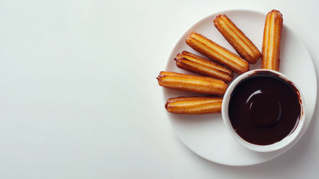 Top view of Spanish churros with chocolate sauce, arranged with room for text on a clean background.の素材