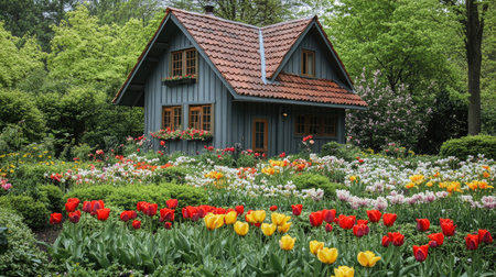 A charming garden house surrounded by blooming flowers, with ample copy space in the foregroundの素材